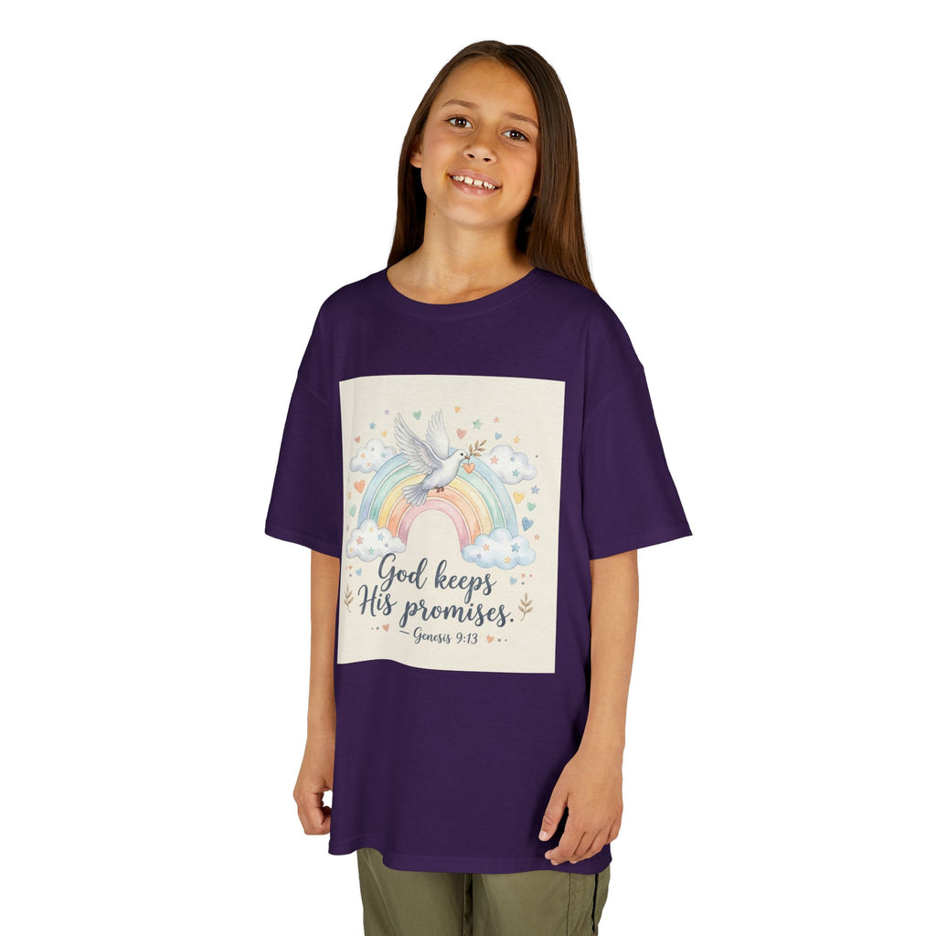 Christian Kids T-Shirt — "God Keeps His Promises" Rainbow Dove Tee | Psalm 145:13