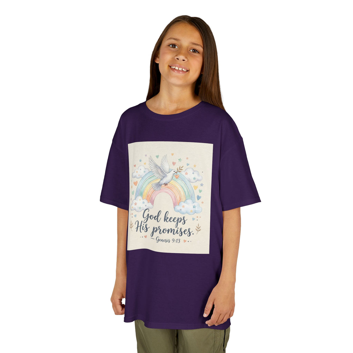 Christian Kids T-Shirt — "God Keeps His Promises" Rainbow Dove Tee | Psalm 145:13