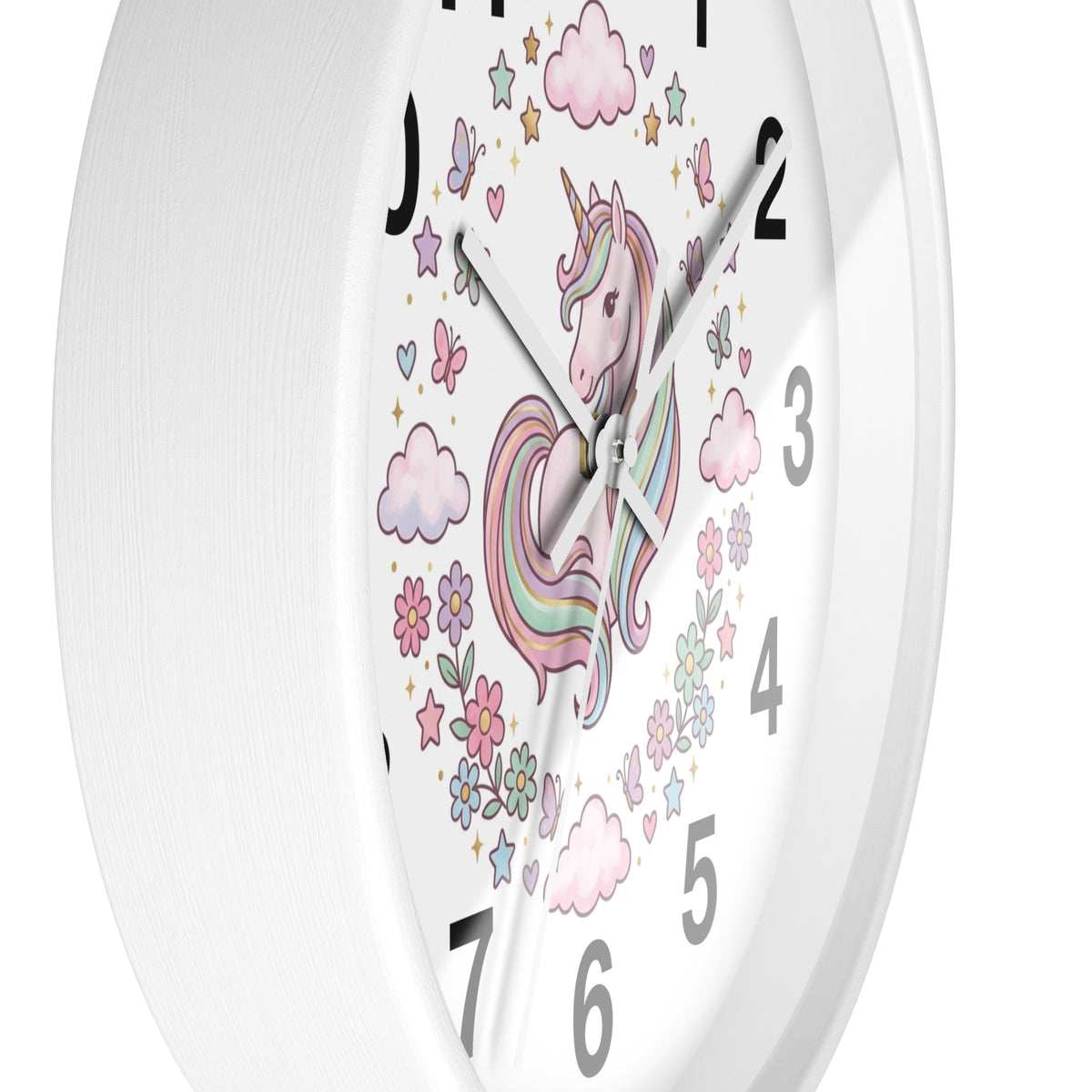 Unicorn Wall Clock — Pastel Rainbow Kids Room Clock with Clouds & Flowers