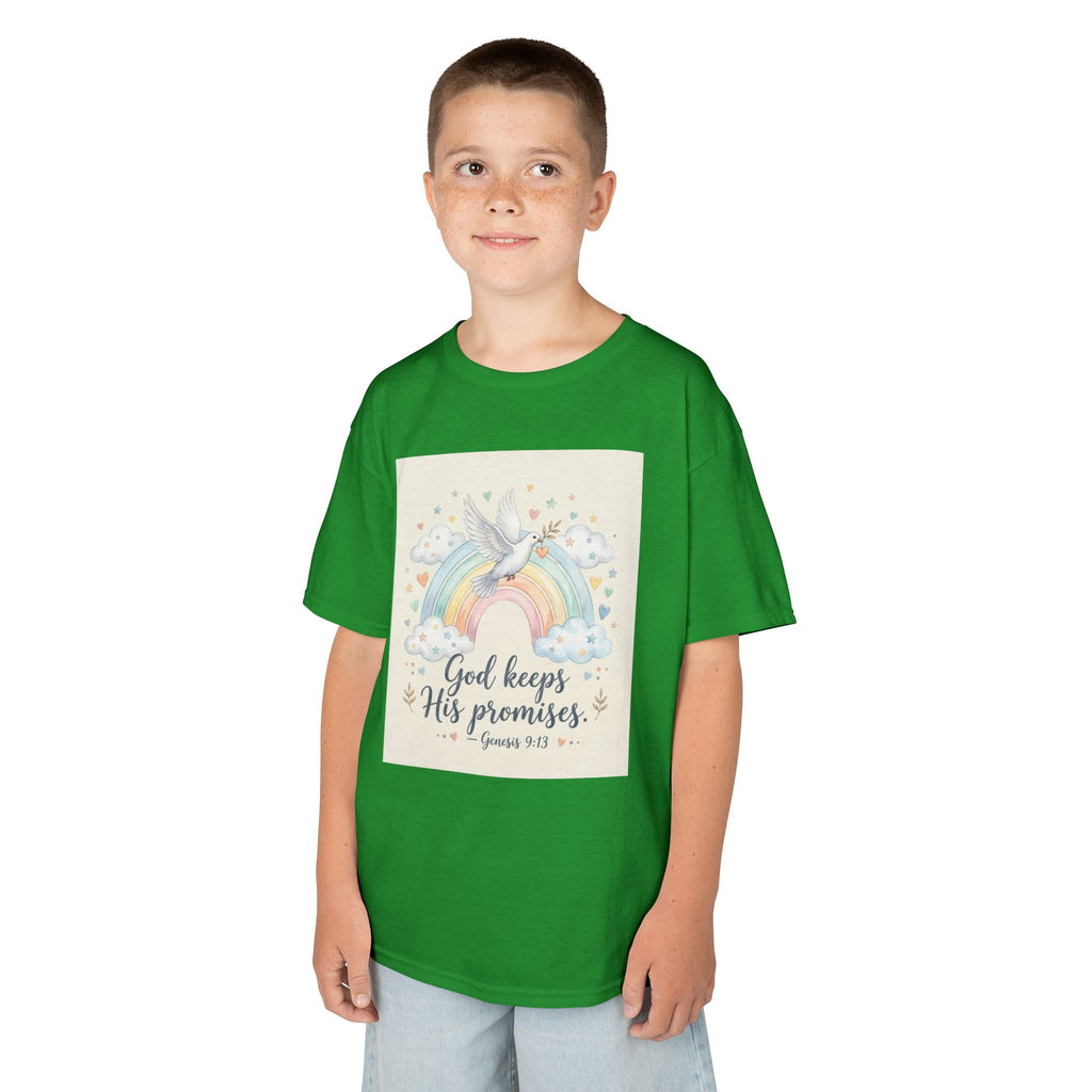 Christian Kids T-Shirt — "God Keeps His Promises" Rainbow Dove Tee | Psalm 145:13