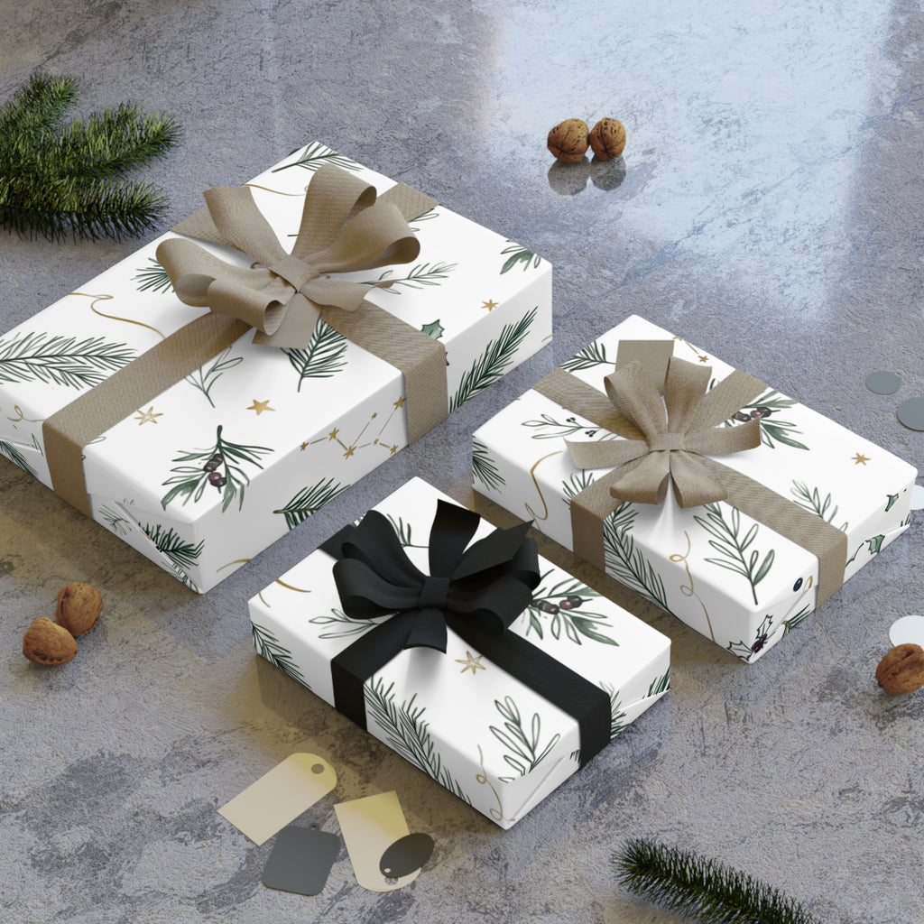 Christmas Wrapping Paper Roll — Pine Holly & Gold Botanical Gift Wrap, 95gsm Recyclable, 2 Sizes