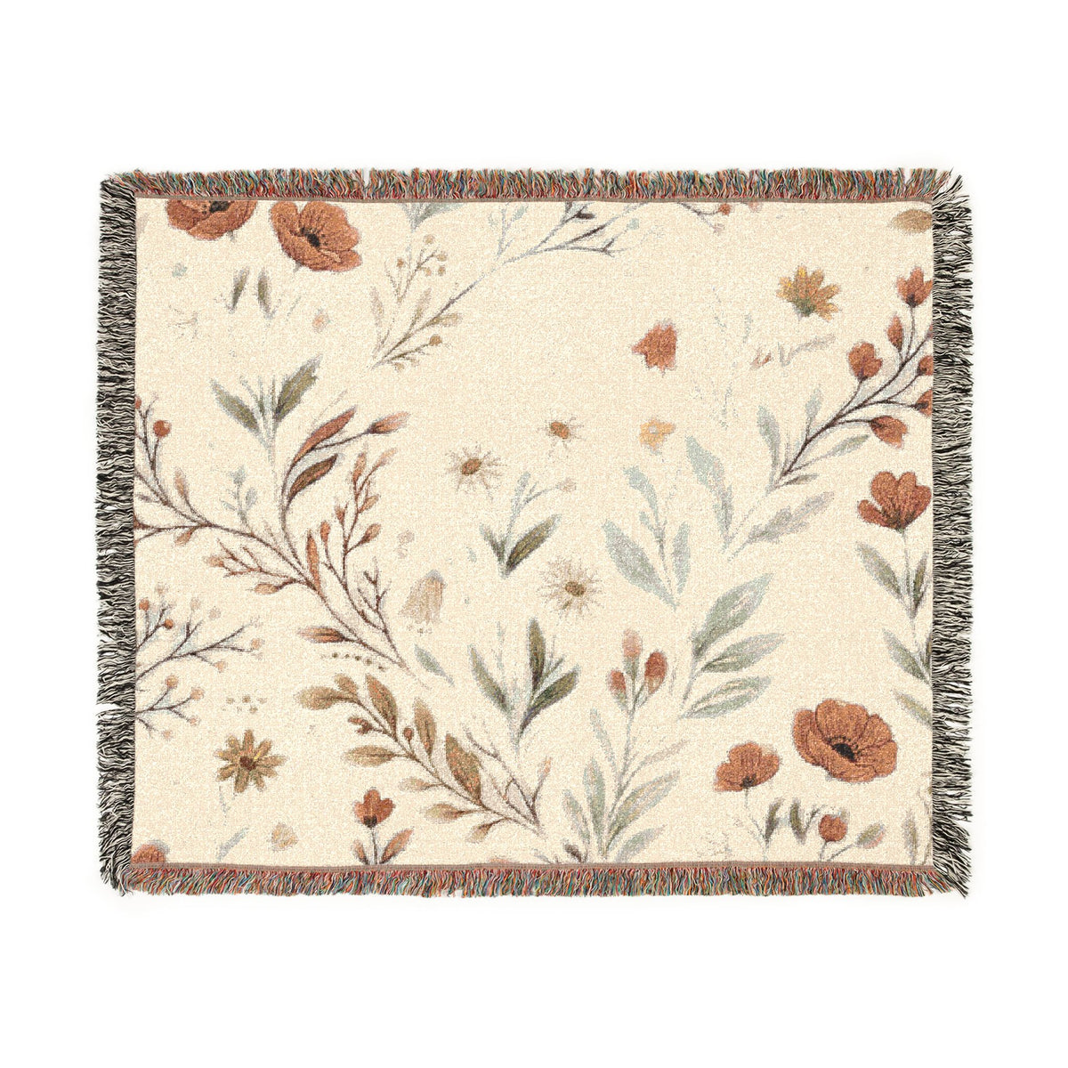 Floral Woven Blanket — Vintage Botanical Throw with Fringe