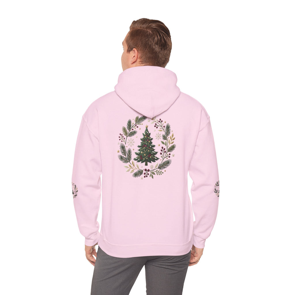 Christmas Tree Wreath Hoodie — Festive Botanical Sweatshirt, 50/50 Cotton-Poly, Unisex
