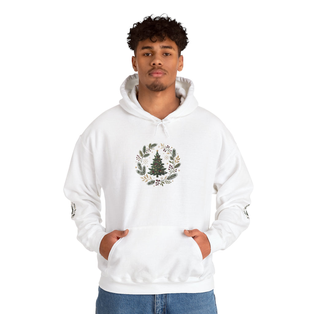 Christmas Tree Wreath Hoodie — Festive Botanical Sweatshirt, 50/50 Cotton-Poly, Unisex