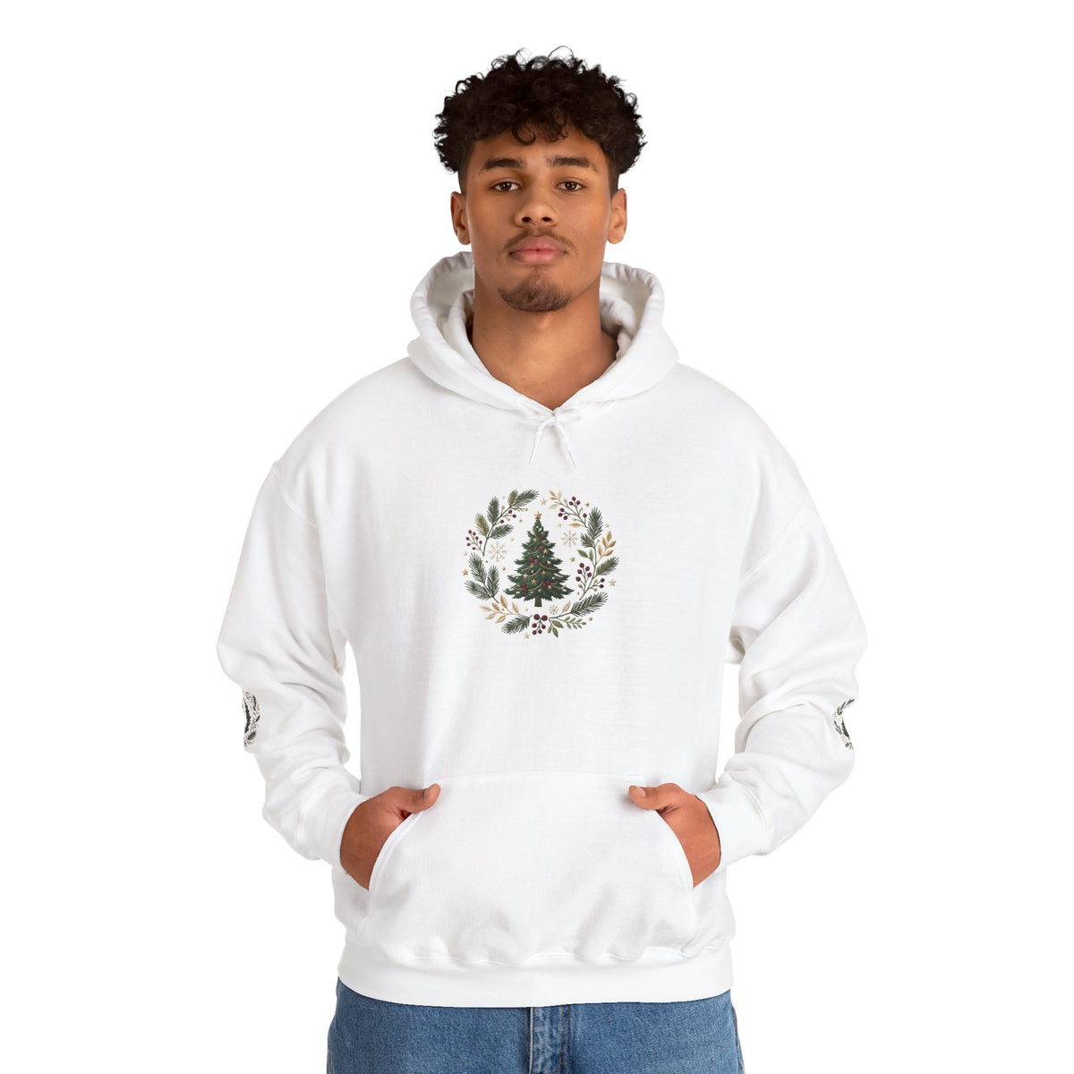Christmas Tree Wreath Hoodie — Festive Botanical Sweatshirt, 50/50 Cotton-Poly, Unisex