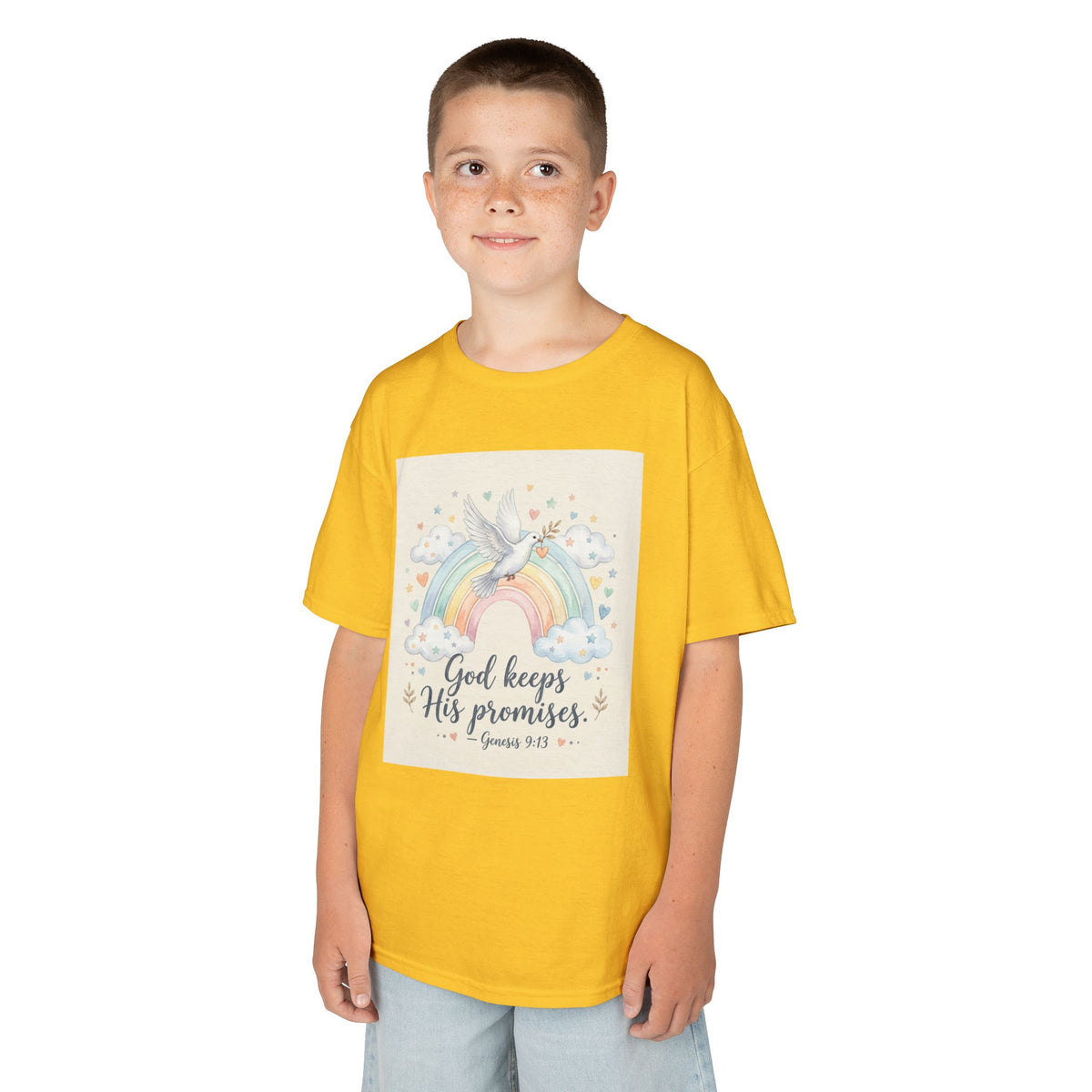 Christian Kids T-Shirt — "God Keeps His Promises" Rainbow Dove Tee | Psalm 145:13