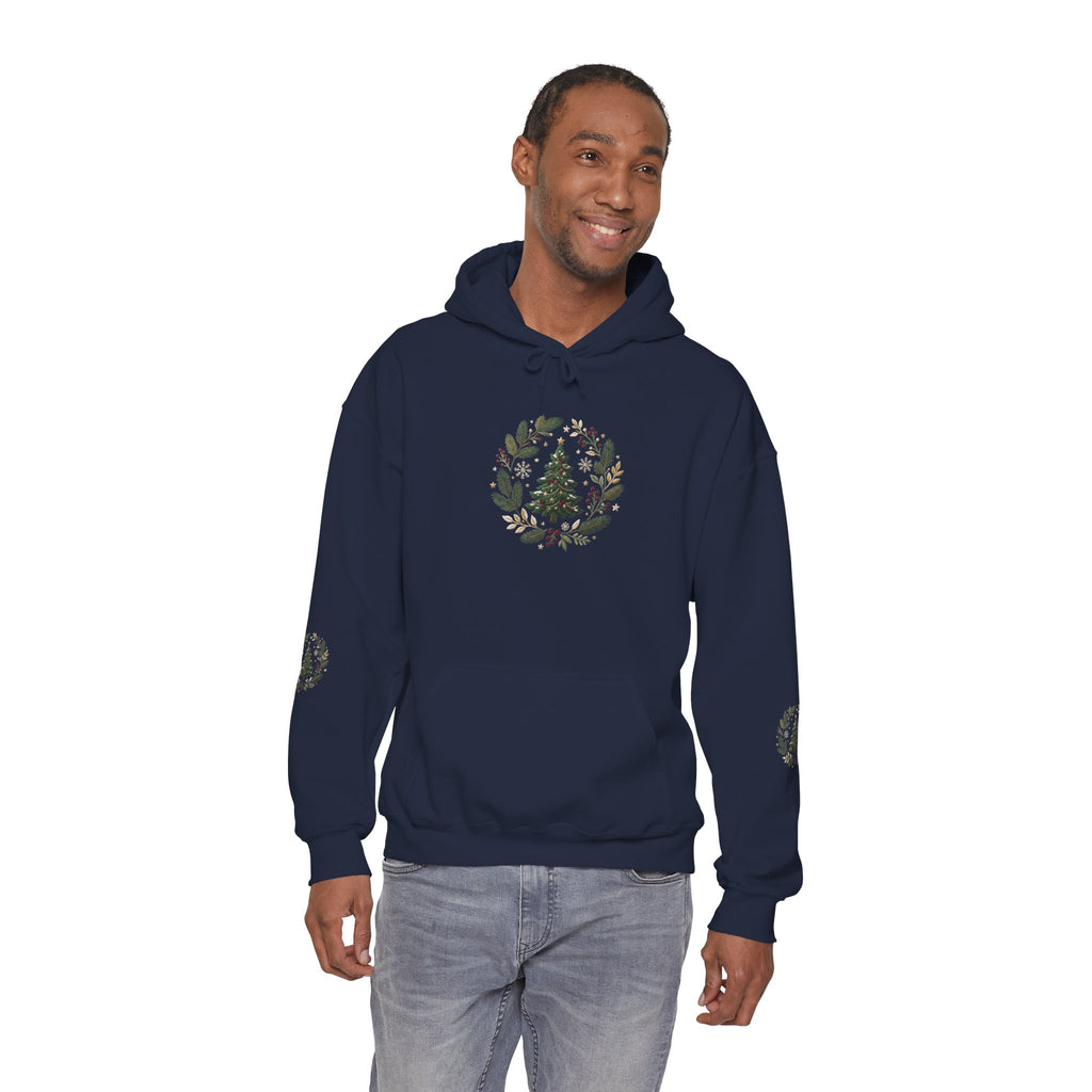 Christmas Tree Wreath Hoodie — Festive Botanical Sweatshirt, 50/50 Cotton-Poly, Unisex