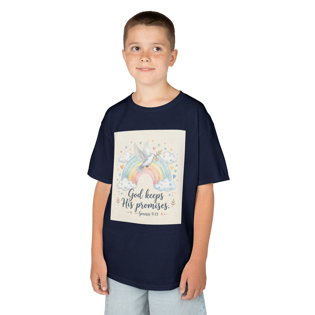 Christian Kids T-Shirt — "God Keeps His Promises" Rainbow Dove Tee | Psalm 145:13