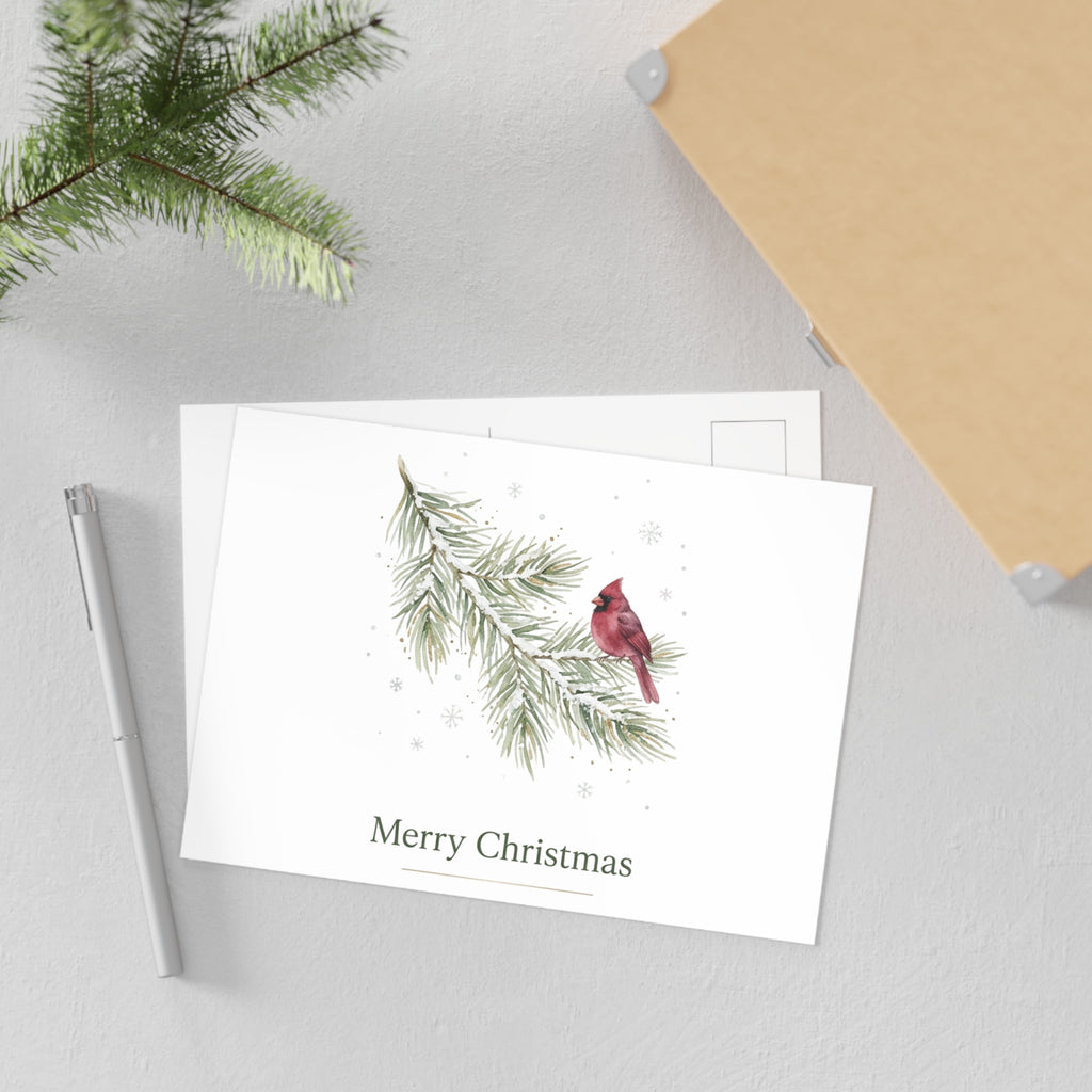 Christmas Cardinal Fine Art Postcards — Holiday Pine Branch Greeting Cards, Glossy 280gsm