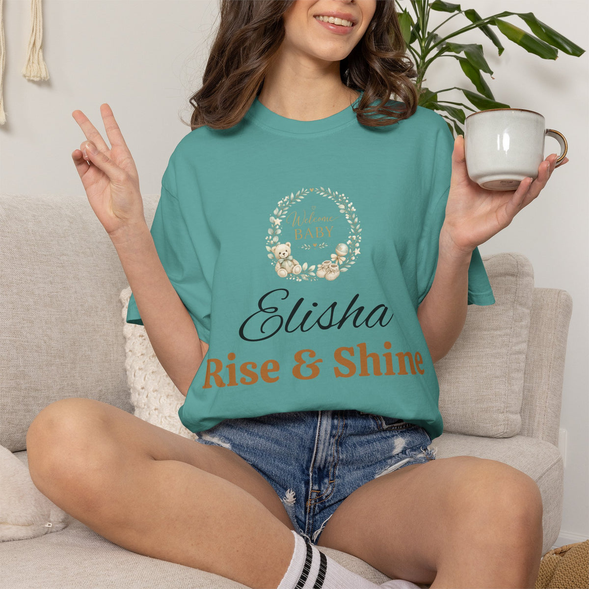 Personalized 'Rise & Shine' T-Shirt — Custom Name Floral Monogram Tee