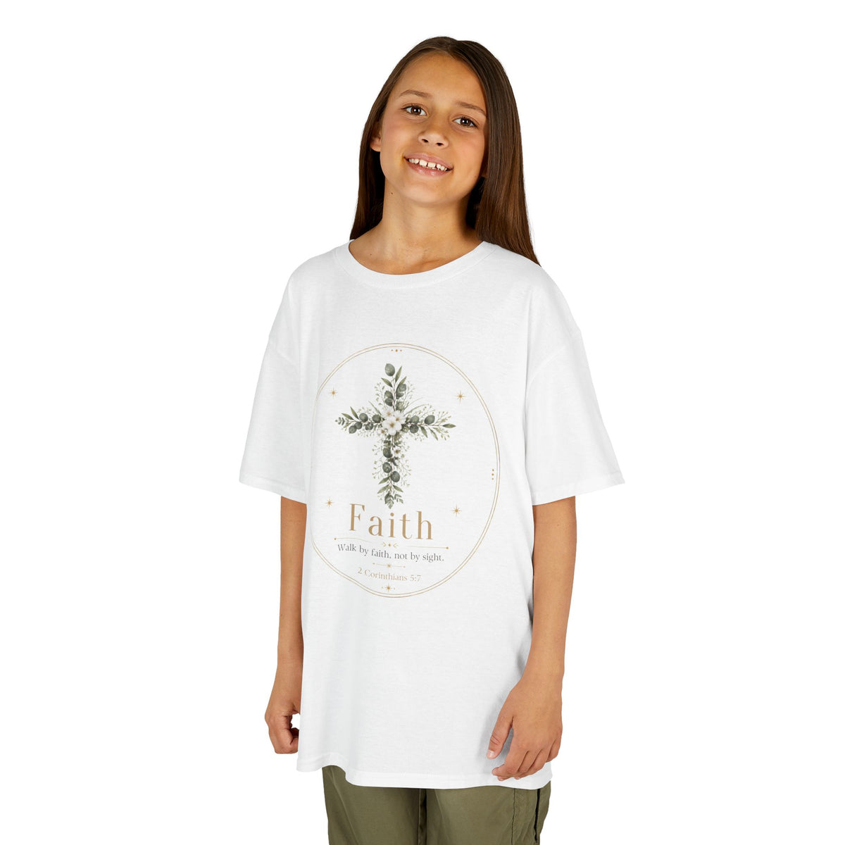 Kids Tee — Floral Cross “Faith” Christian Shirt for Children (Easter, Baptism, Church)
