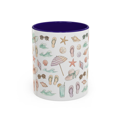Beach Pattern Ceramic Mug — Summer Seashells, Flip-Flops & Umbrella Design (11oz/15oz)