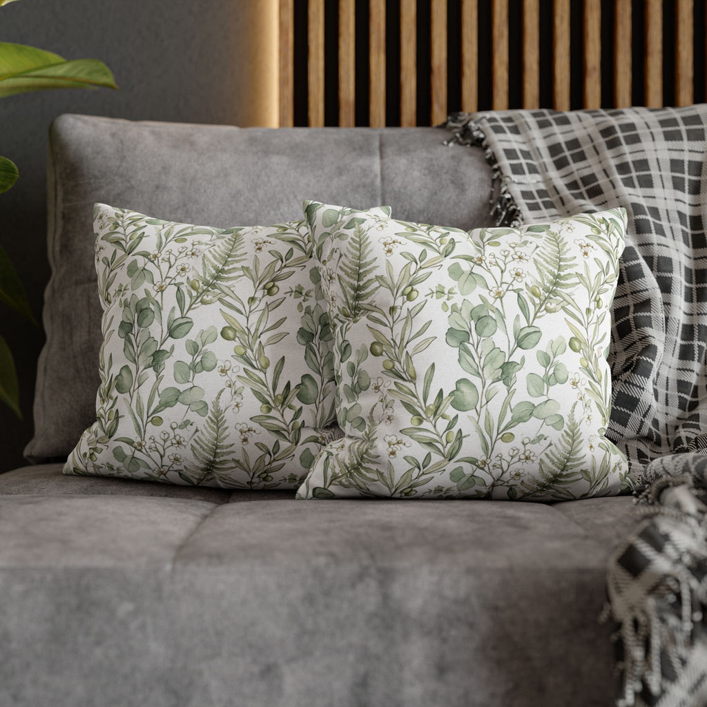 Botanical Greenery Square Pillowcase — Watercolour Eucalyptus & Fern Throw Pillow Cover