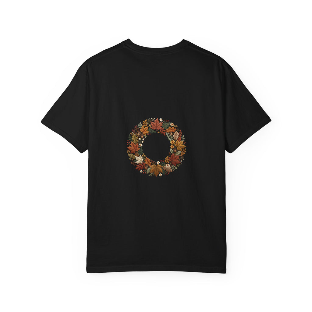 T-Shirt — Autumn Floral Wreath Tee (Fall Leaves Chest & Back Print)