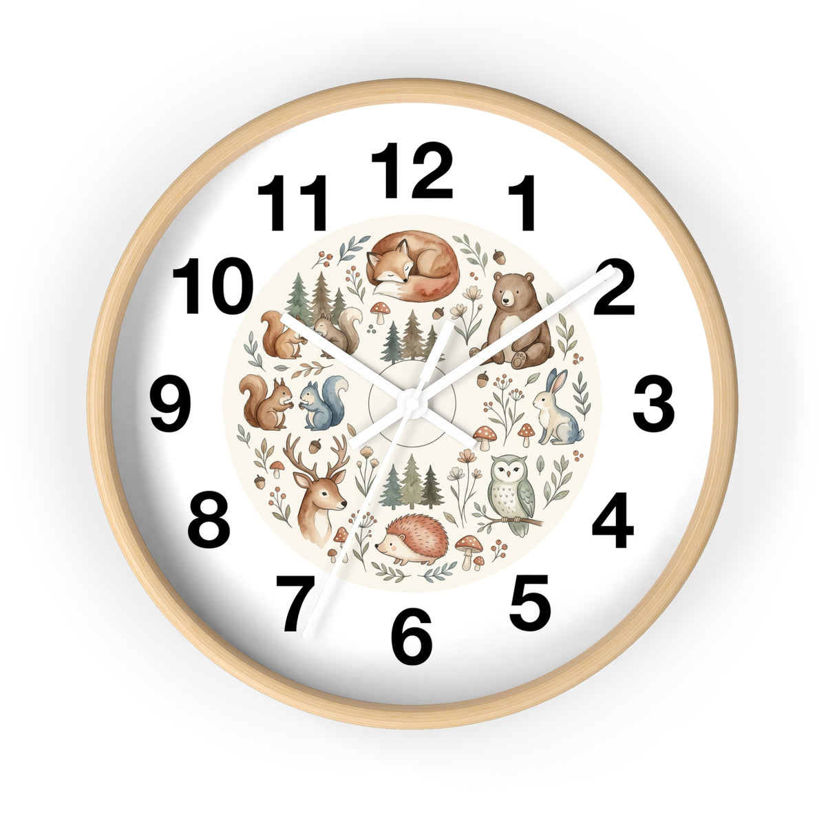 Woodland Animals Wall Clock — Cute Forest Nursery Clock with Fox, Deer, Owl & Squirrel