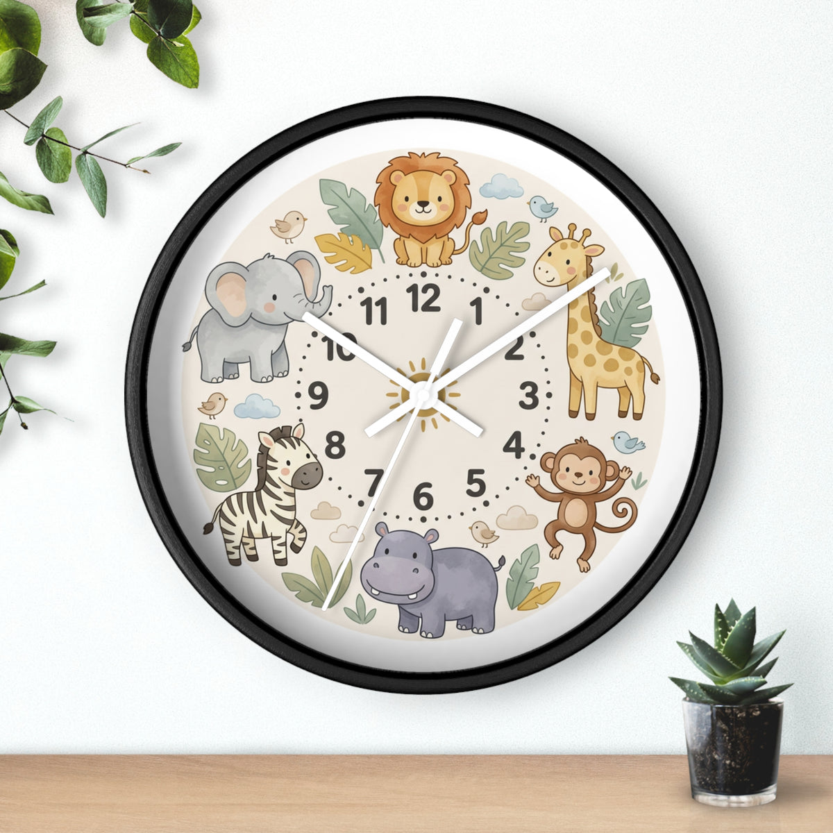 Safari Friends Nursery Wall Clock — Cute Jungle Animal Kids Clock