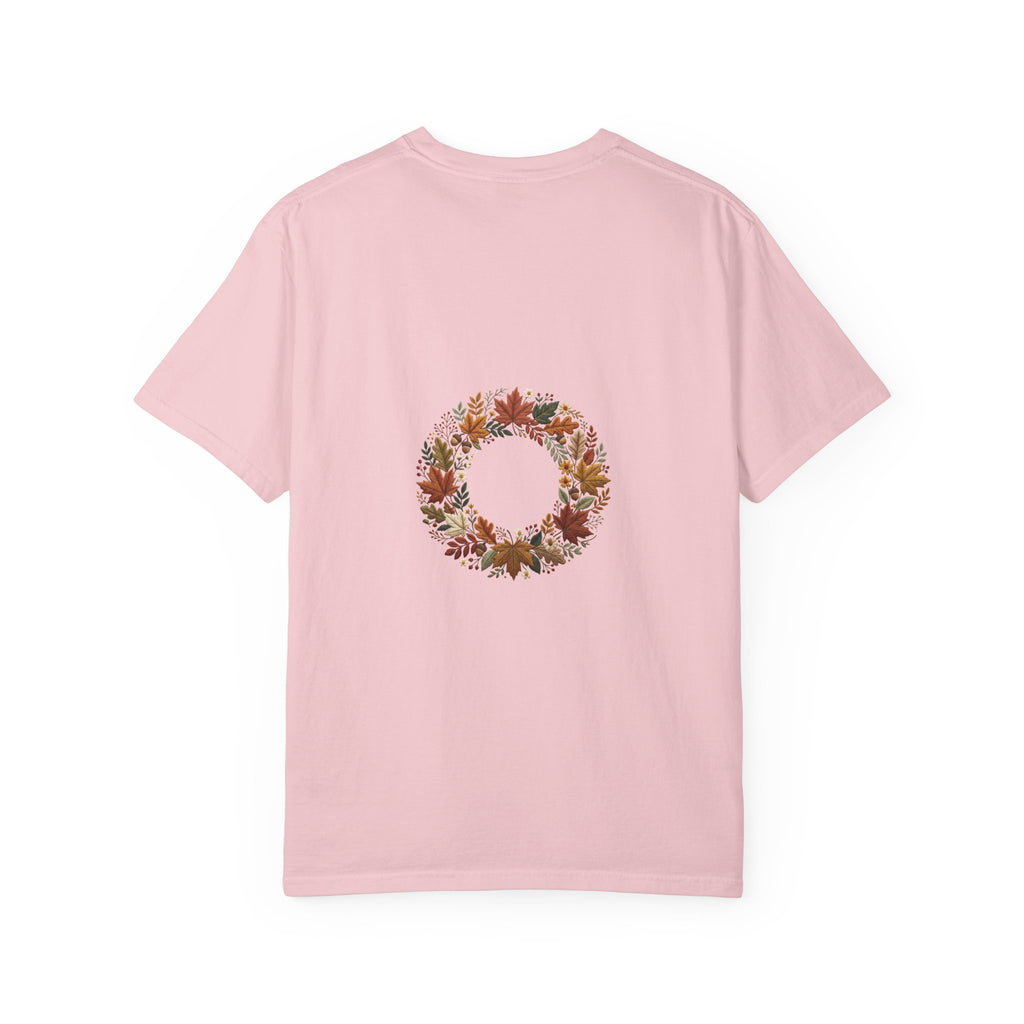 T-Shirt — Autumn Floral Wreath Tee (Fall Leaves Chest & Back Print)