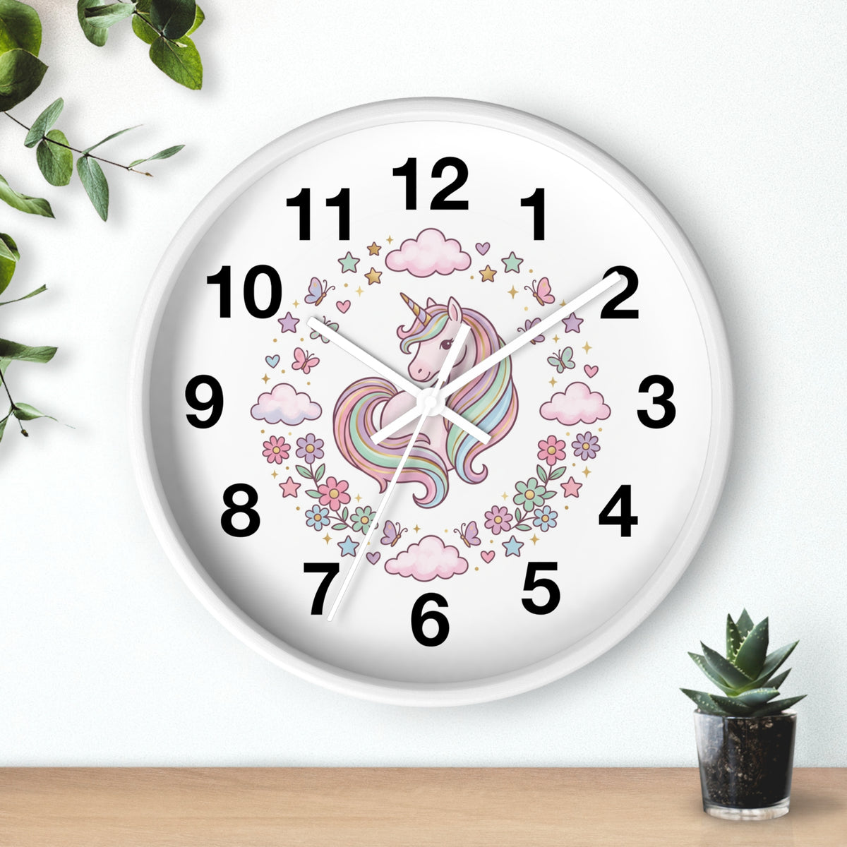 Unicorn Wall Clock — Pastel Rainbow Kids Room Clock with Clouds & Flowers