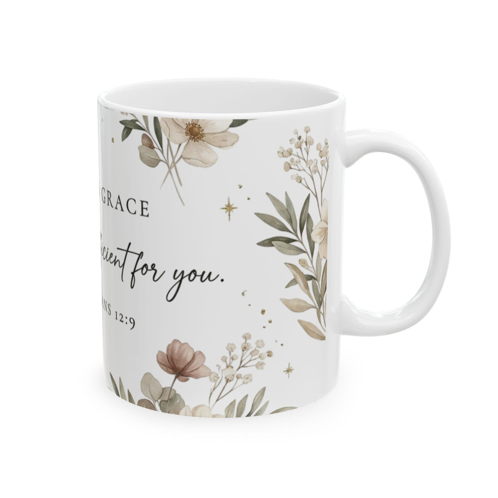 Rooted in Grace Ceramic Mug — 2 Corinthians 12:9 Floral Scripture Coffee Cup