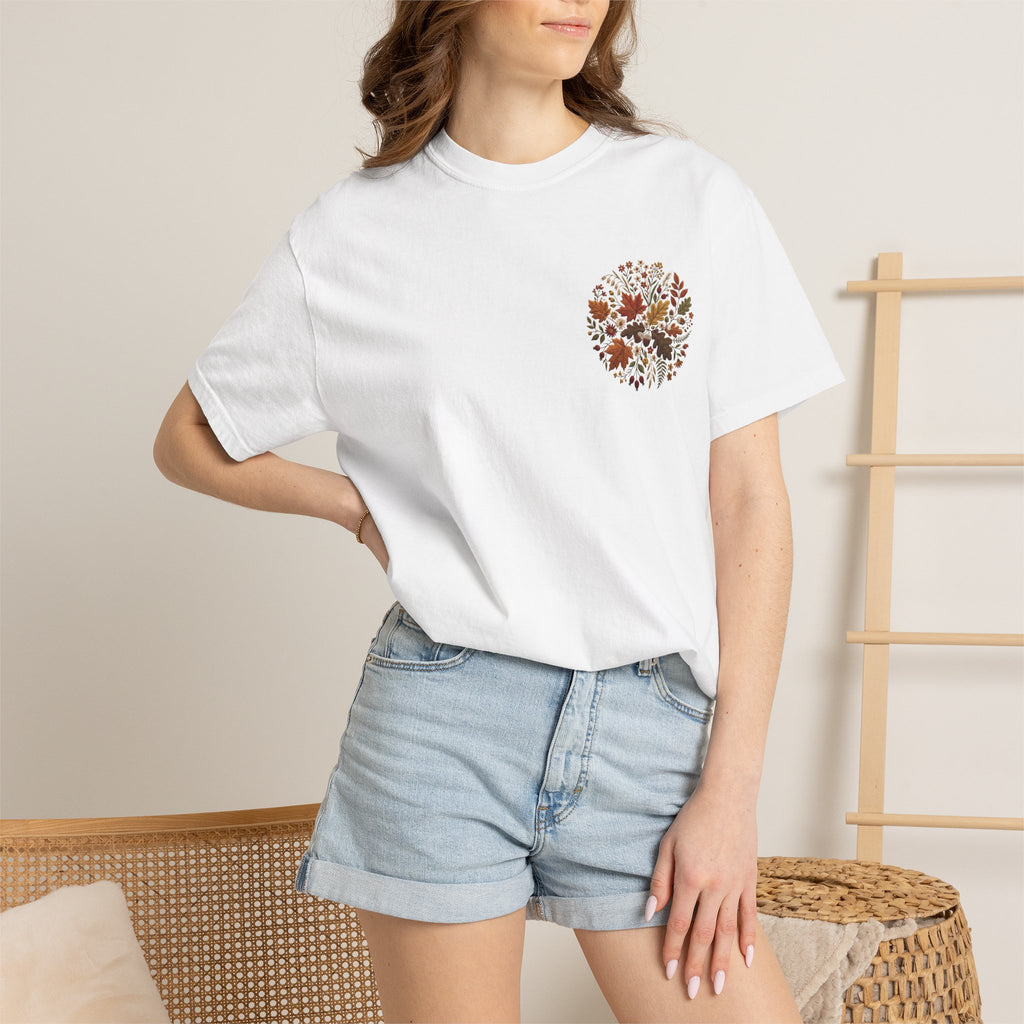 T-Shirt — Autumn Floral Wreath Tee (Fall Leaves Chest & Back Print)