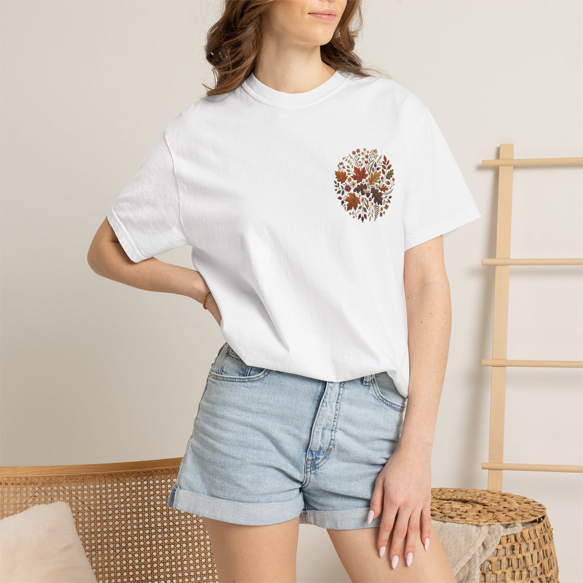 T-Shirt — Autumn Floral Wreath Tee (Fall Leaves Chest & Back Print)