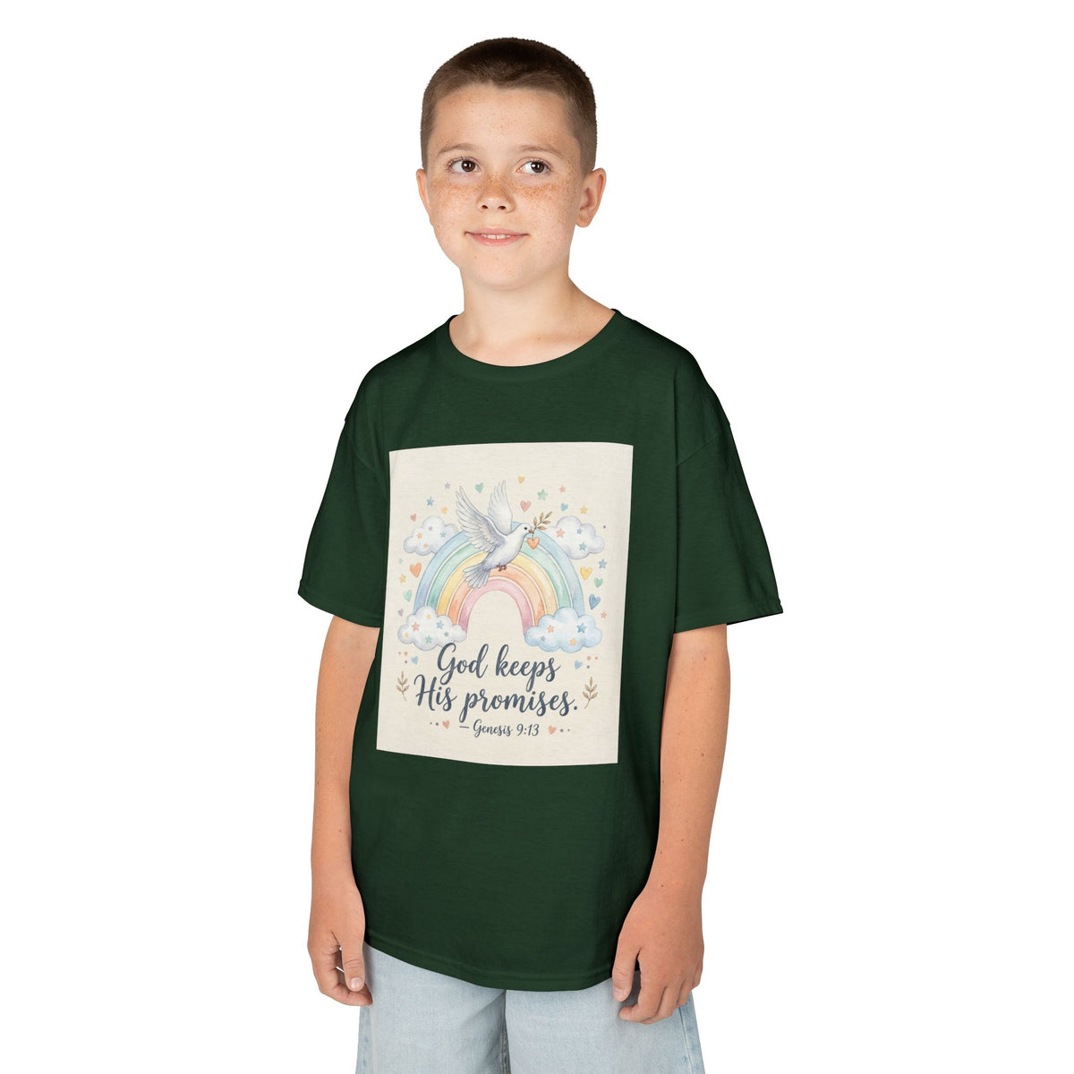 Christian Kids T-Shirt — "God Keeps His Promises" Rainbow Dove Tee | Psalm 145:13