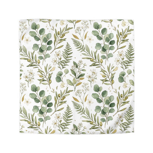 Botanical Eucalyptus Duvet Cover — Green Fern & Floral Microfiber Bedding