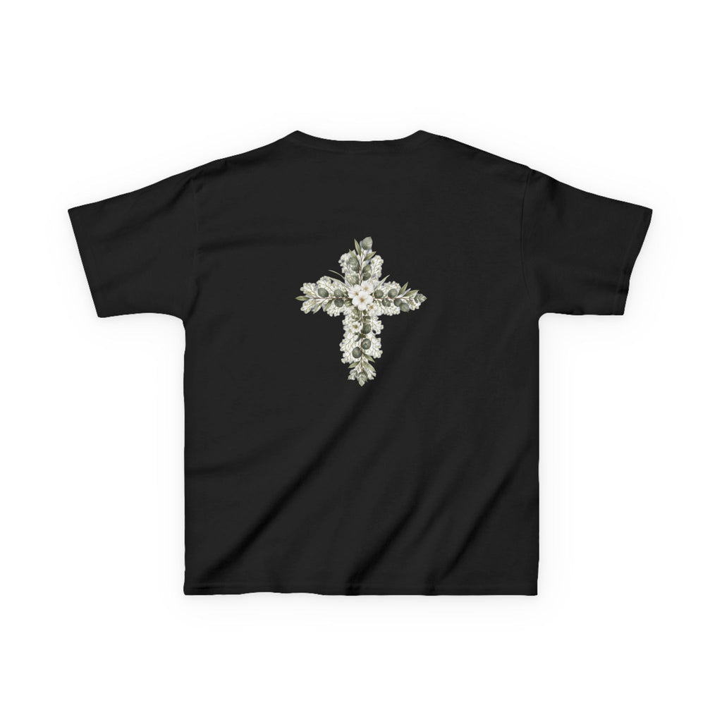 Kids Tee — Floral Cross “Faith” Christian Shirt for Children (Easter, Baptism, Church)