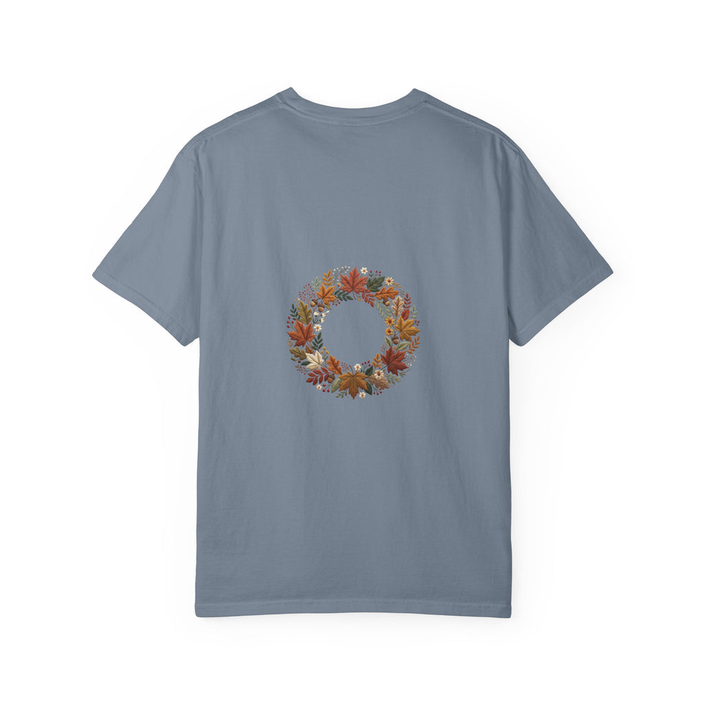 T-Shirt — Autumn Floral Wreath Tee (Fall Leaves Chest & Back Print)