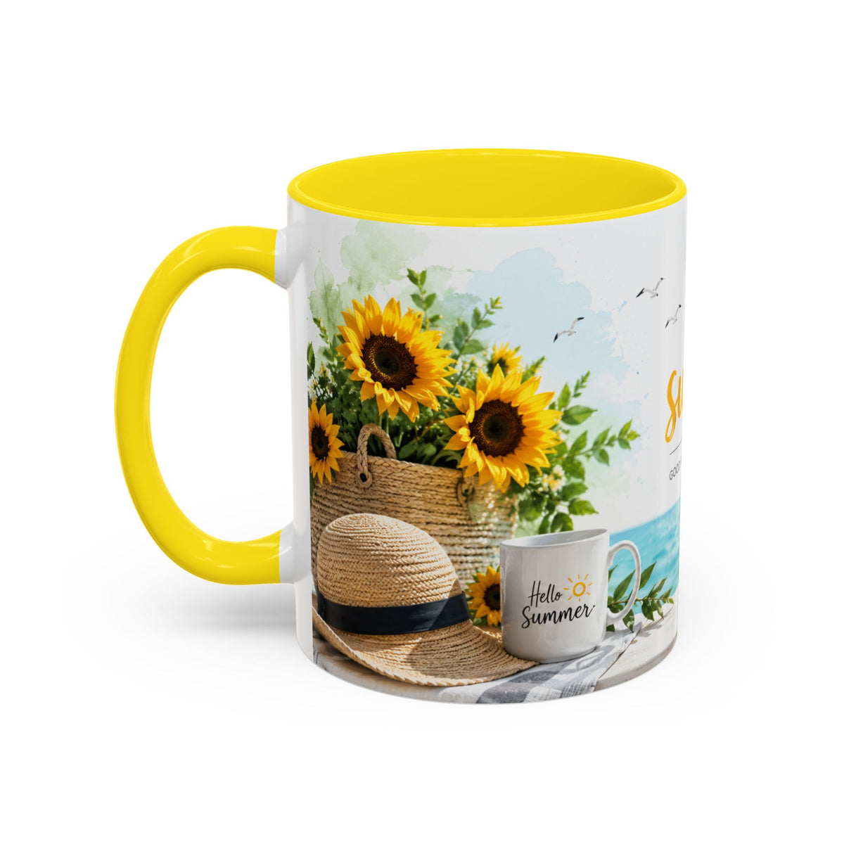 Hello Summer Accent Coffee Mug — Beach Vibes Lemon Palm Coastal Ceramic Mug (11/15oz)