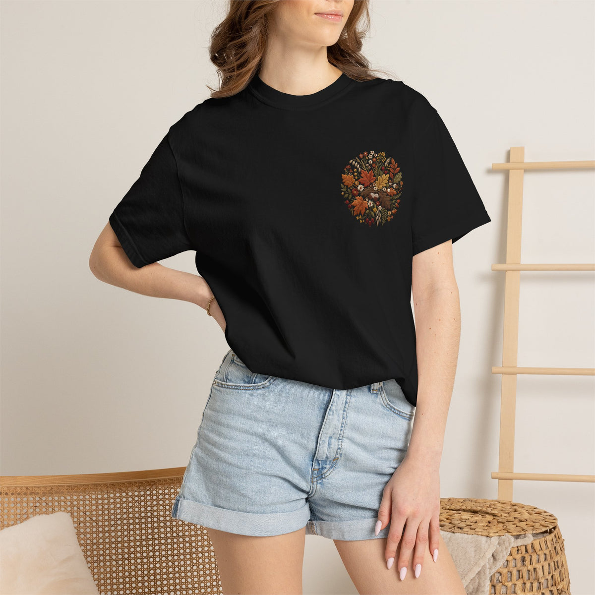 T-Shirt — Autumn Floral Wreath Tee (Fall Leaves Chest & Back Print)