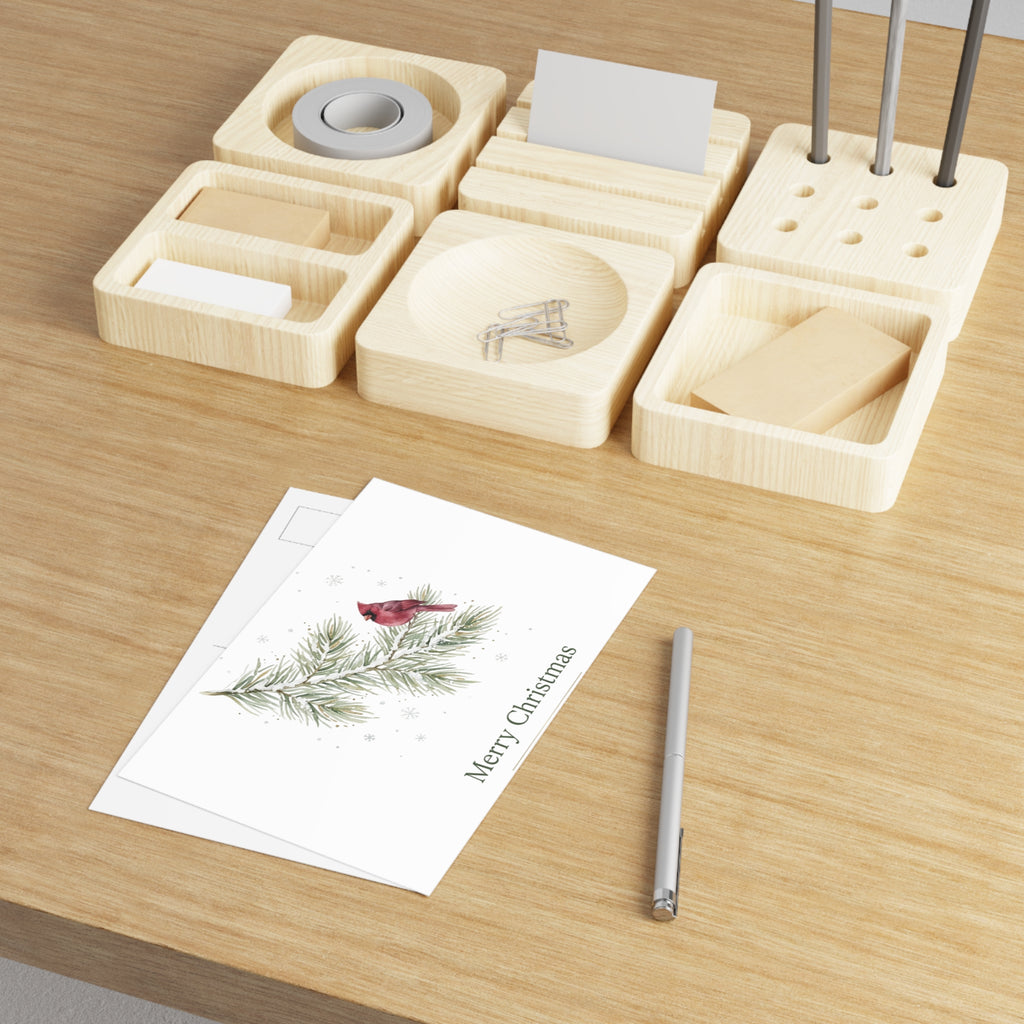 Christmas Cardinal Fine Art Postcards — Holiday Pine Branch Greeting Cards, Glossy 280gsm