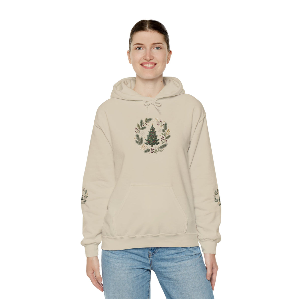 Christmas Tree Wreath Hoodie — Festive Botanical Sweatshirt, 50/50 Cotton-Poly, Unisex