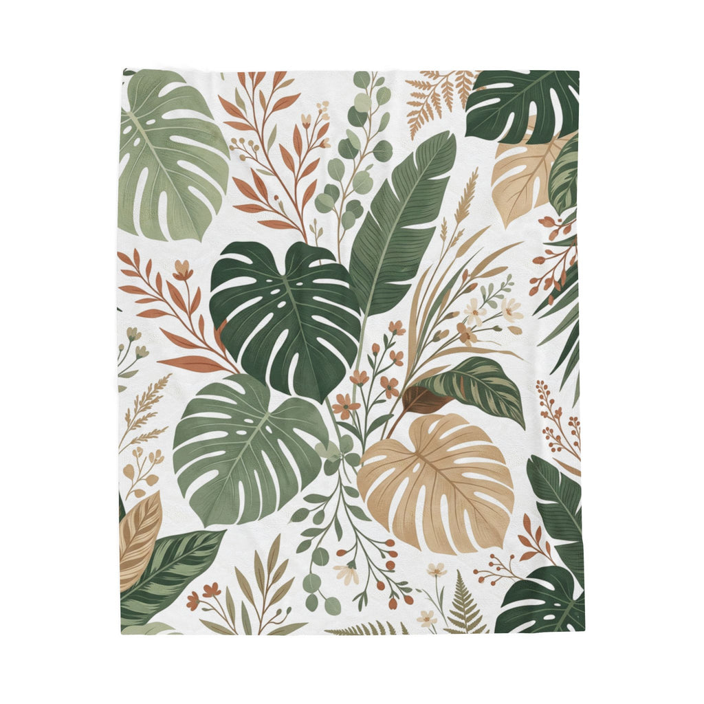 Botanical Monstera Velveteen Plush Blanket – Tropical Leaf Throw for Cozy Home Décor