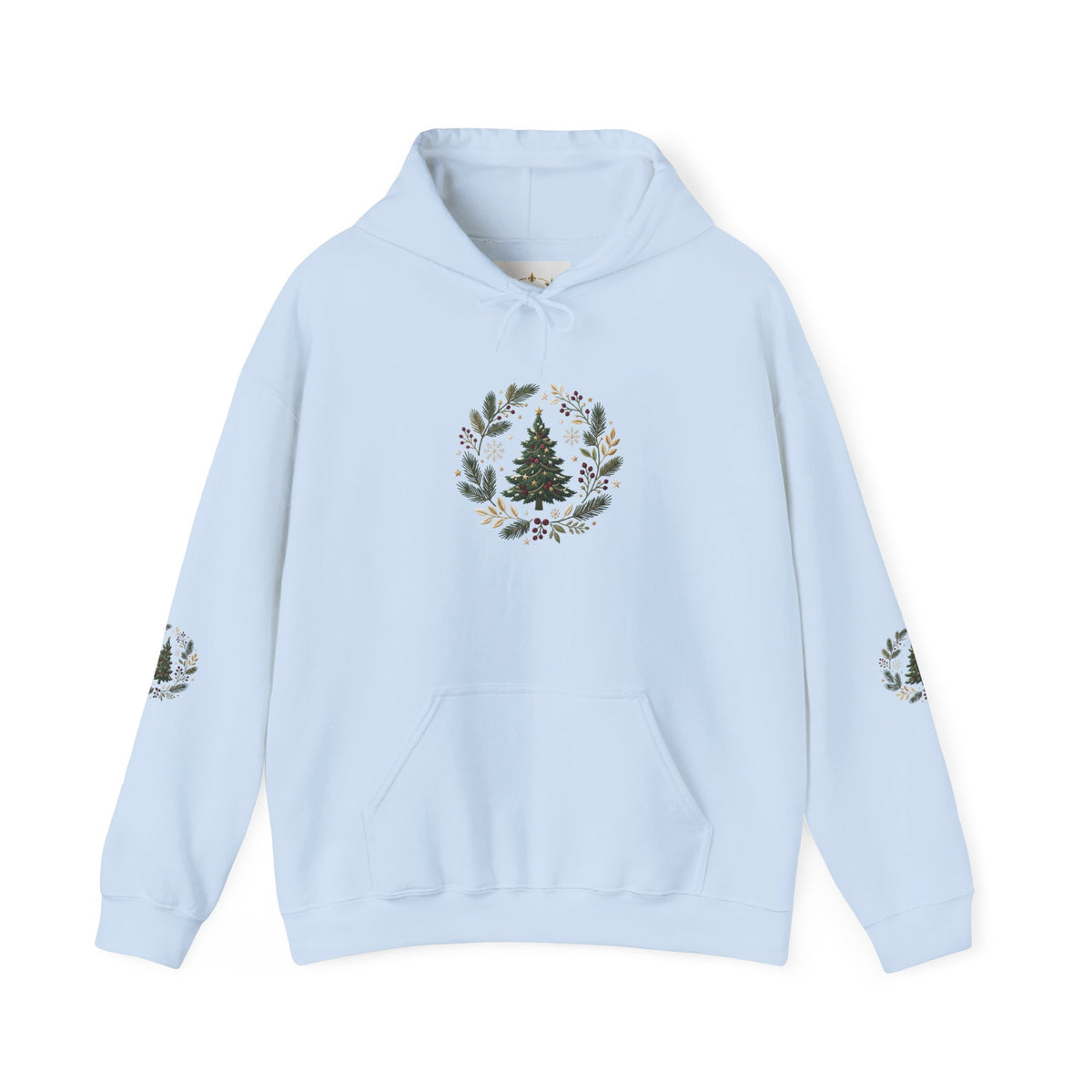 Christmas Tree Wreath Hoodie — Festive Botanical Sweatshirt, 50/50 Cotton-Poly, Unisex