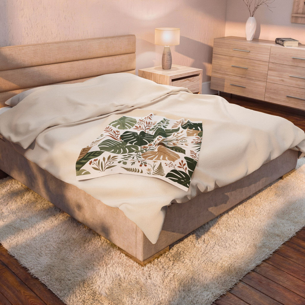 Botanical Monstera Velveteen Plush Blanket – Tropical Leaf Throw for Cozy Home Décor