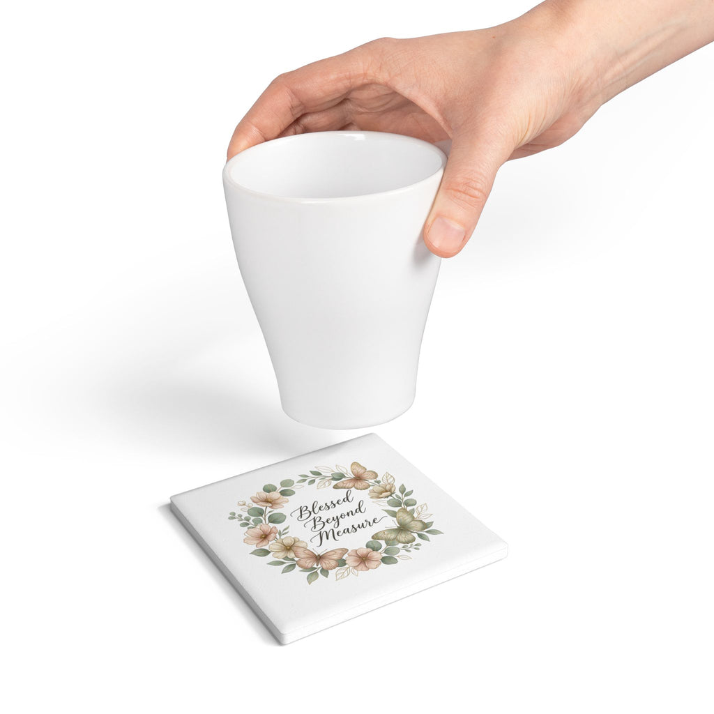 Blessed Beyond Measure Ceramic Coaster — Floral Wreath & Butterflies