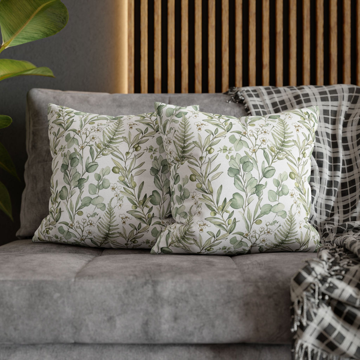 Botanical Greenery Square Pillowcase — Watercolour Eucalyptus & Fern Throw Pillow Cover