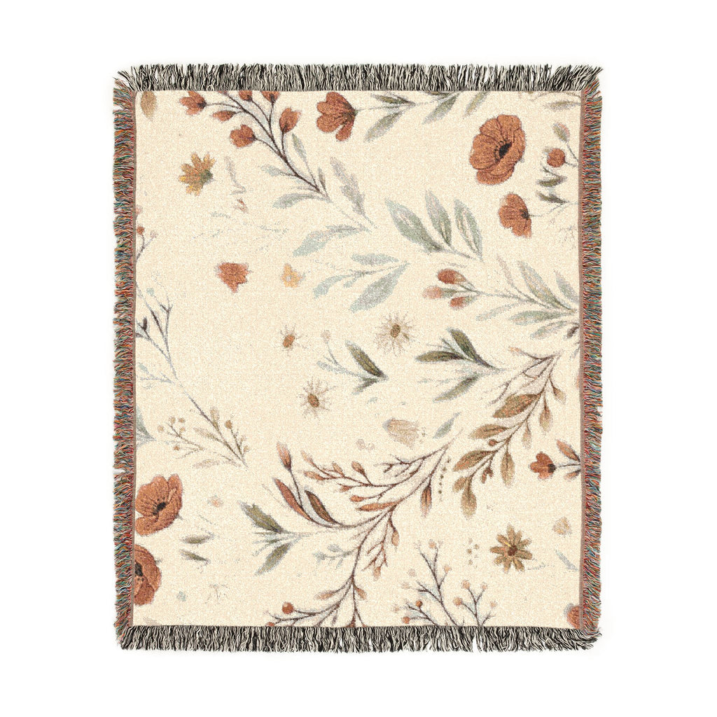 Floral Woven Blanket — Vintage Botanical Throw with Fringe