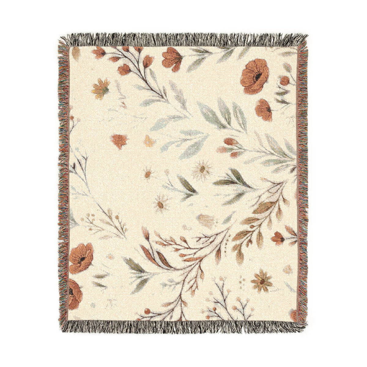 Floral Woven Blanket — Vintage Botanical Throw with Fringe