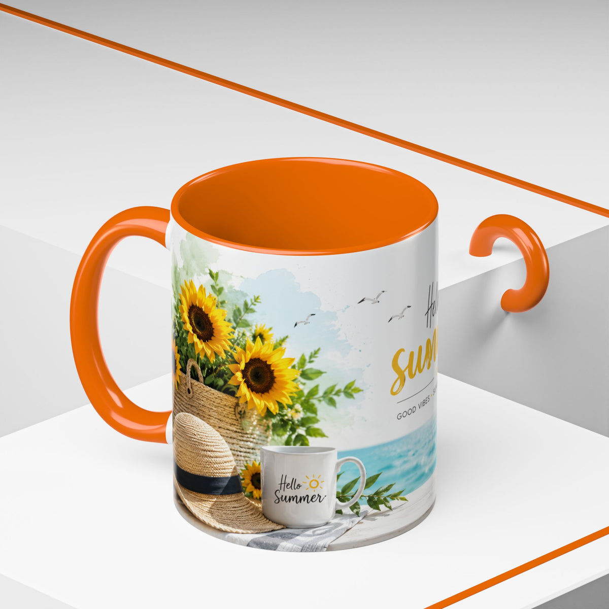Hello Summer Accent Coffee Mug — Beach Vibes Lemon Palm Coastal Ceramic Mug (11/15oz)