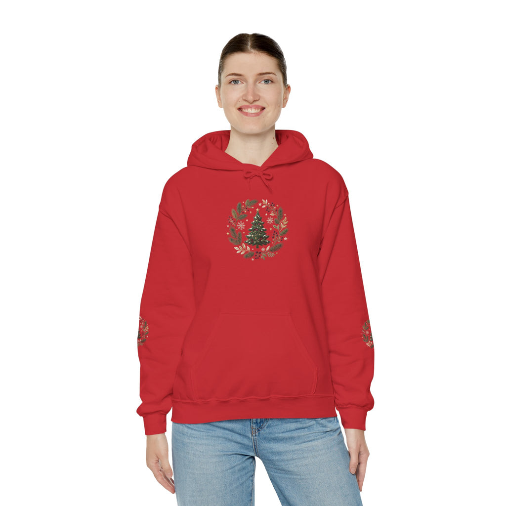 Christmas Tree Wreath Hoodie — Festive Botanical Sweatshirt, 50/50 Cotton-Poly, Unisex