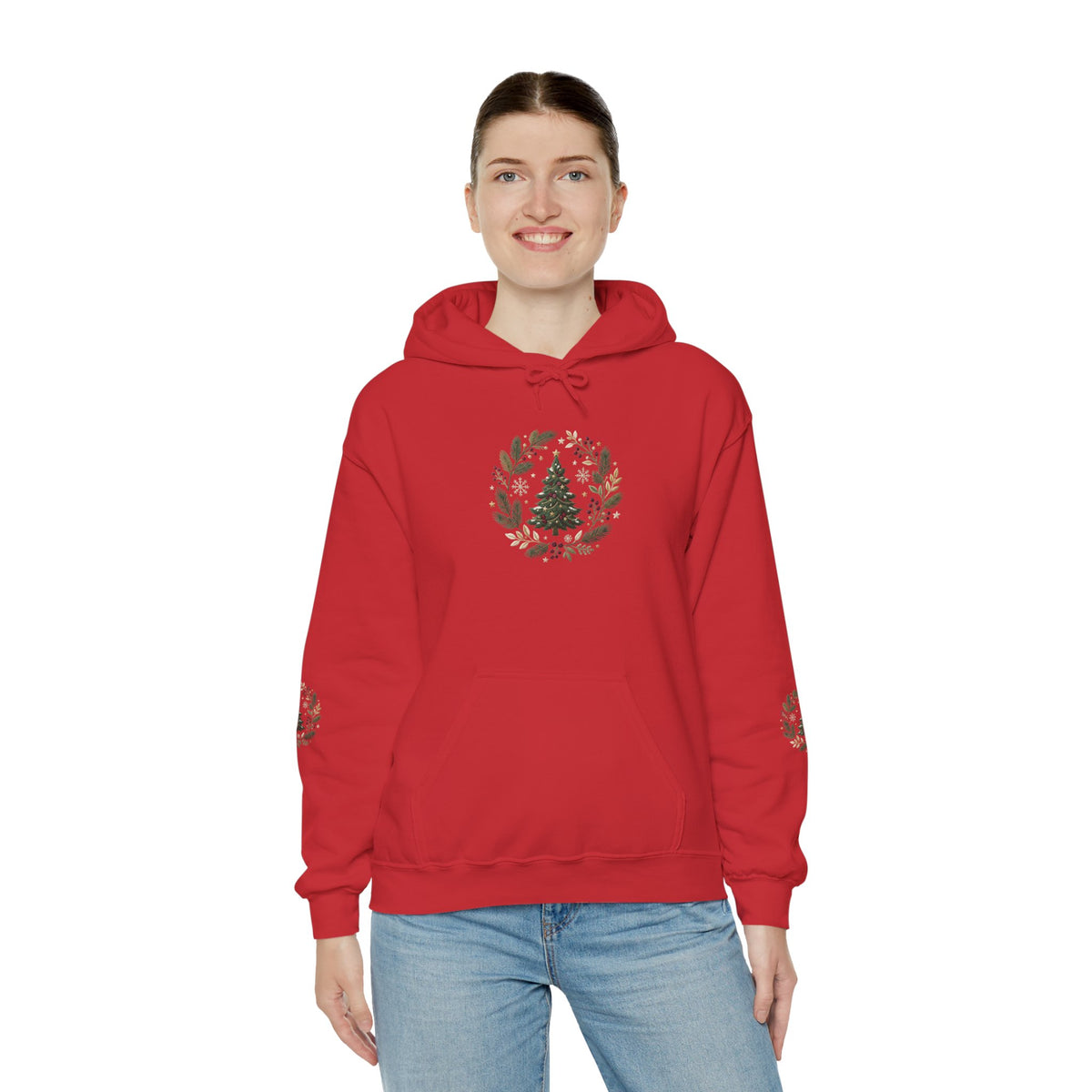 Christmas Tree Wreath Hoodie — Festive Botanical Sweatshirt, 50/50 Cotton-Poly, Unisex