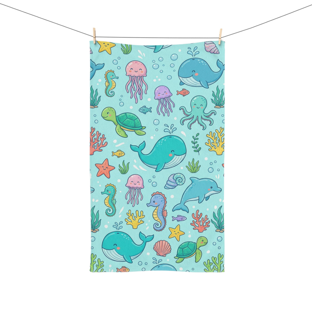 Cute Ocean Animals Hand Towel — Kids Sea Creature Print (Whale, Dolphin, Turtle, Jellyfish)