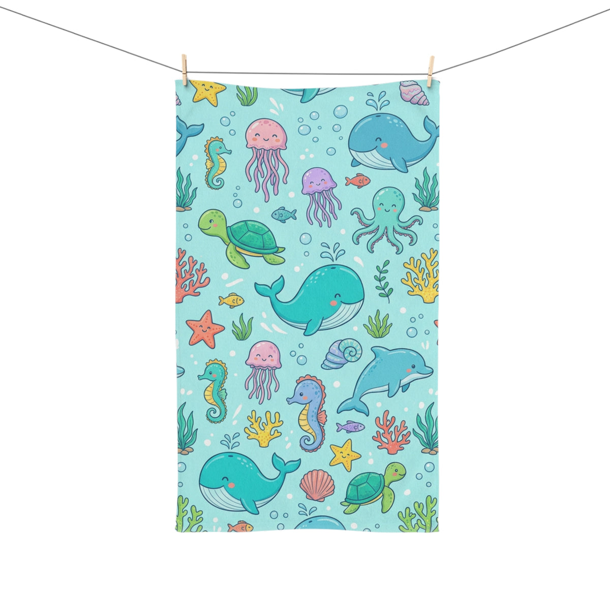 Cute Ocean Animals Hand Towel — Kids Sea Creature Print (Whale, Dolphin, Turtle, Jellyfish)