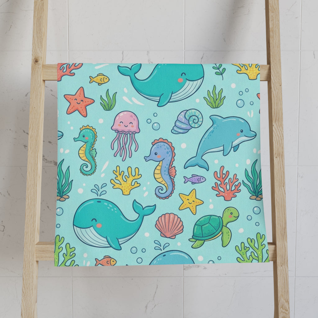 Cute Ocean Animals Hand Towel — Kids Sea Creature Print (Whale, Dolphin, Turtle, Jellyfish)