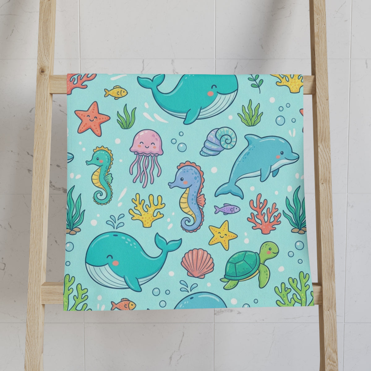 Cute Ocean Animals Hand Towel — Kids Sea Creature Print (Whale, Dolphin, Turtle, Jellyfish)