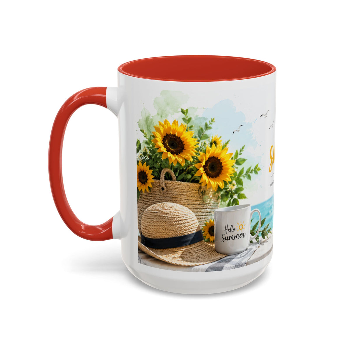 Hello Summer Accent Coffee Mug — Beach Vibes Lemon Palm Coastal Ceramic Mug (11/15oz)