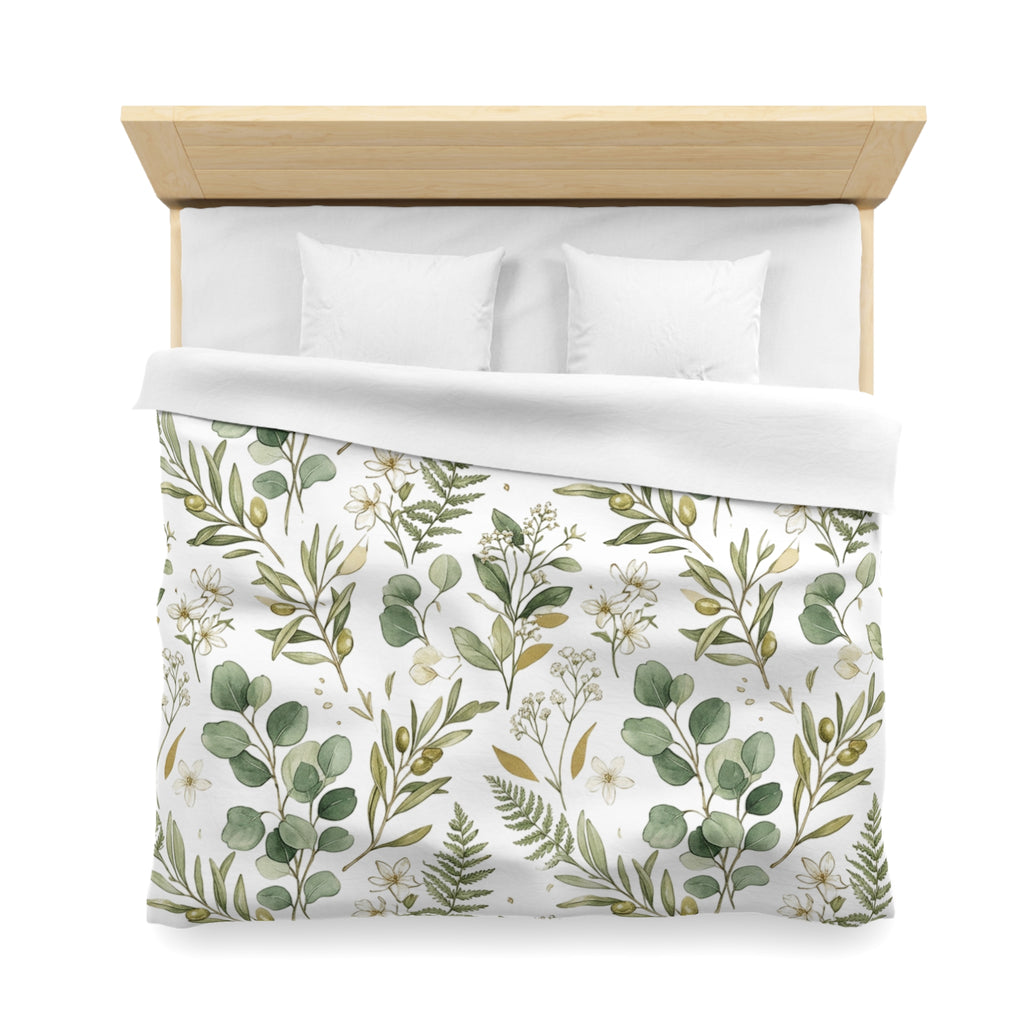 Botanical Eucalyptus Duvet Cover — Green Fern & Floral Microfiber Bedding