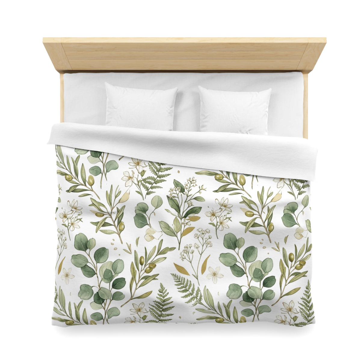 Botanical Eucalyptus Duvet Cover — Green Fern & Floral Microfiber Bedding
